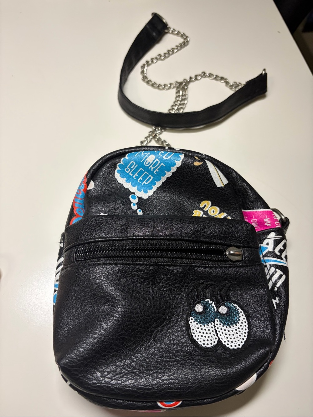 Black Graphic Mini Crossbody Bag with Chain Strap